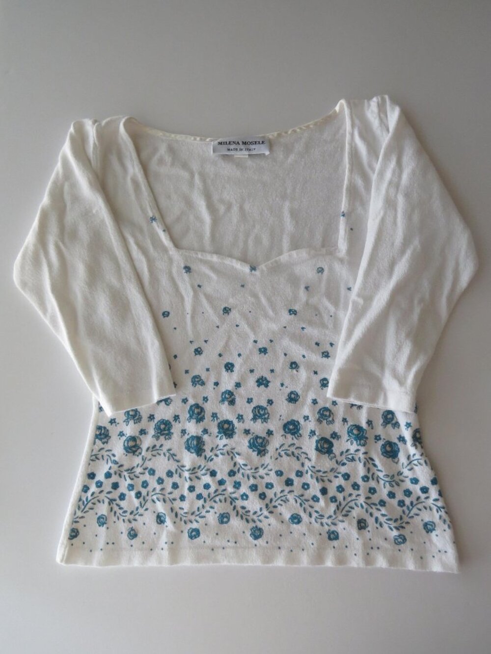 Vintage Italian Milena Mosele Cream Knit Top, Rose Floral Print, 3/4 Sleeve, Mad